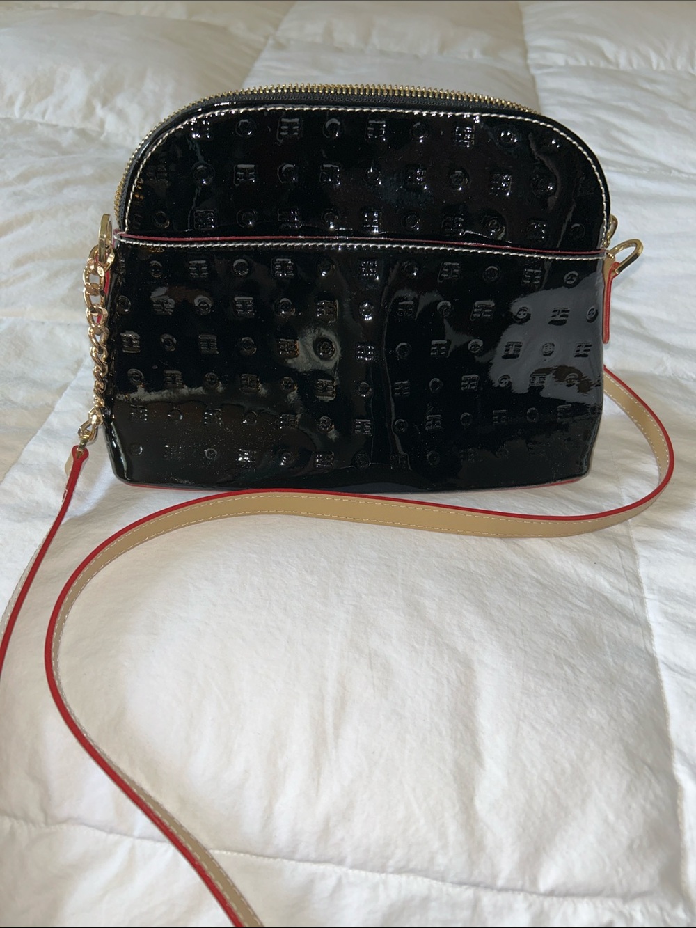 ARCADIA  Black Patent Crossbody Bag with Red-Trim Strap